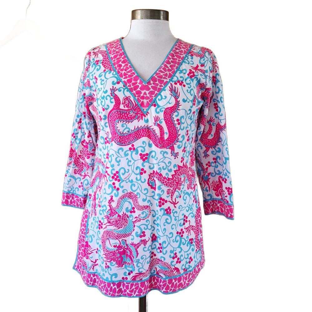 Gretchen Scott Dragon Print V-neck Tunic Small Pink Aqua Resort Cotton